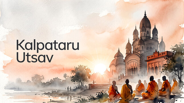 Watercolor illustration of Kalpataru Utsav celebration featuring traditional Indian temple architecture and monks meditating at sunrise