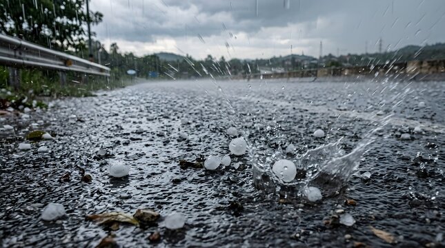 Close-up of hailstones falling and splashing on wet asphalt road during heavy storm weather.