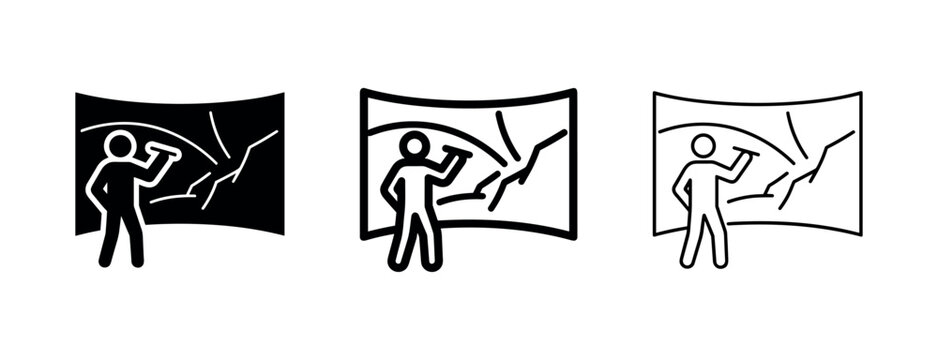 Data analyst or strategist icon showing a person drawing on a large curved screen or map display