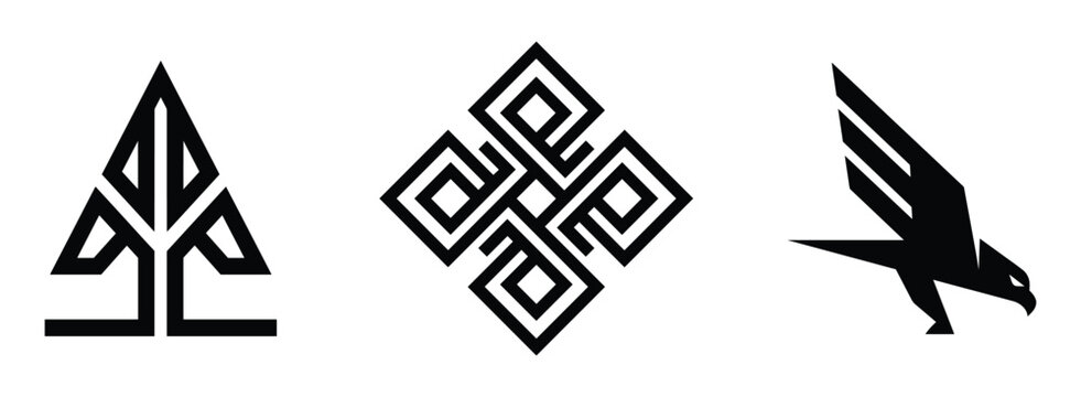 Three black and white showing a geometric tree shape, a square knot pattern, and a sharp eagle silhouette in profile on a white background