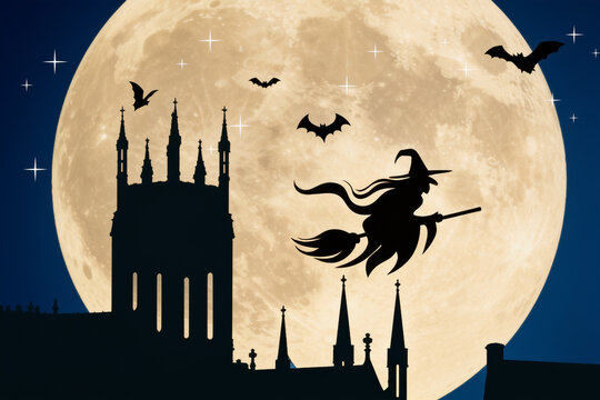 Witch flying on broomstick past dark castle under full moon