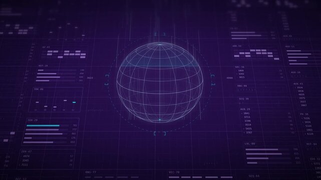 Wireframe globe spinning and scanning on purple HUD dashboard with data panels and charts, futuristic global technology interface, world data analysis