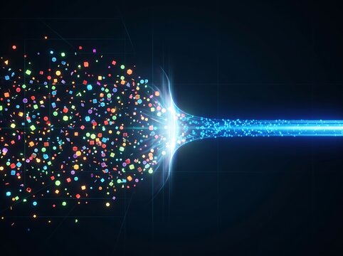 Abstract data funnel with glowing particles and light beam