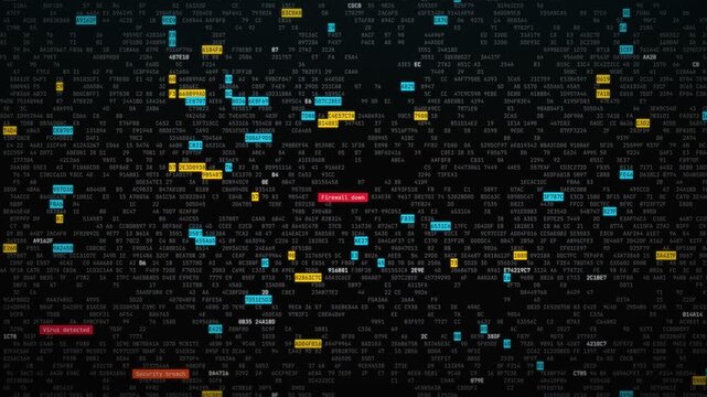 Hacking screen with scrolling hexadecimal code and security alerts flashing, virus detected, DDoS attack, data leak warnings, cyber attack background