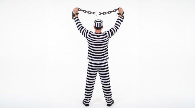 Prisoner wearing classic black and white striped uniform breaking heavy iron chains on white background