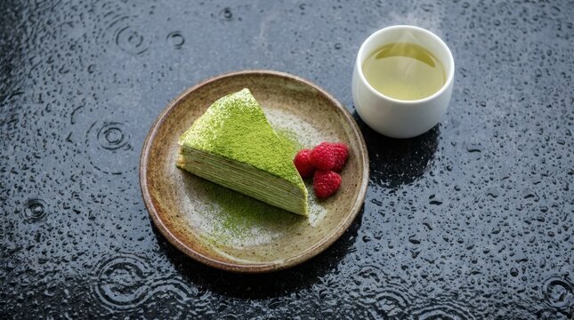 Matcha green tea crepe cake slice with fresh raspberries and hot tea