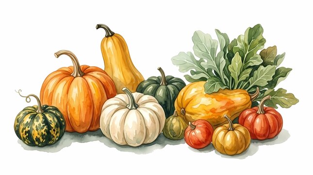 Autumn Pumpkin Harvest. Colorful Gourds Squash and Leafy Vegetables. Thanksgiving Seasonal Decoration. Hand Painted Botanical Illustration