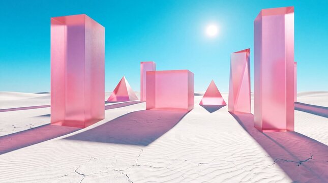 Abstract pink glass geometric shapes in white desert landscape