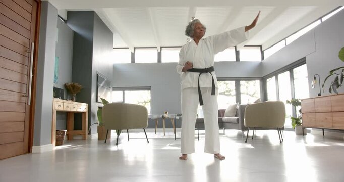 Lifestyle videos indoor of people doing activities at home, practicing martial arts, senior woman in