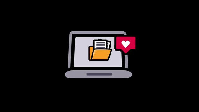 Animated laptop icon with folder and documents on screen, paired with red heart like notification. Digital content management, favorite files, liked work, and online approval concept.