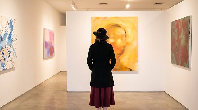 A woman wearing a black hat and coat stands in a bright art gallery, viewing a large yellow abstract painting on the wall