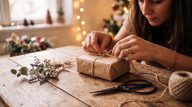 Woman wrapping gift present craft holiday handmade rustic packaging lifestyle. Woman wraps a kraft paper gift with natural branches and twine at home for commercial advertising wellness campaigns