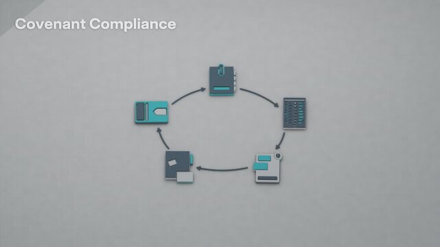 Covenant compliance maintains a standing framework for checking loan ratios against agreed thresholds and addressing breaches through waivers or cure notices. Flat 3D style; an English title card.