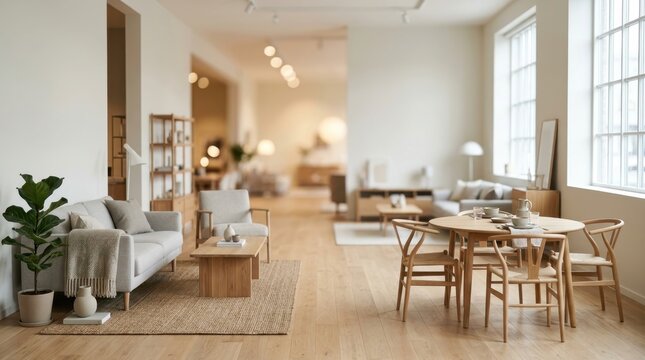 Modern minimalist interior design featuring cozy living room and dining area