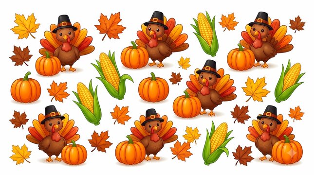 Thanksgiving Turkey Pattern. Cute Turkey Pumpkin and Corn Decoration. Autumn Harvest Seamless Background. Whimsical Cartoon Illustration
