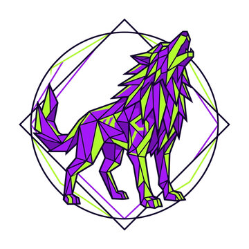 Geometric wolf howling in polygon art, purple and green