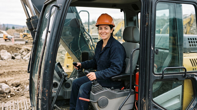 Female excavator operator sitting inside driver cabin looking at camera, confident woman construction worker operating heavy machinery on building site, gender equality and industrial career concept