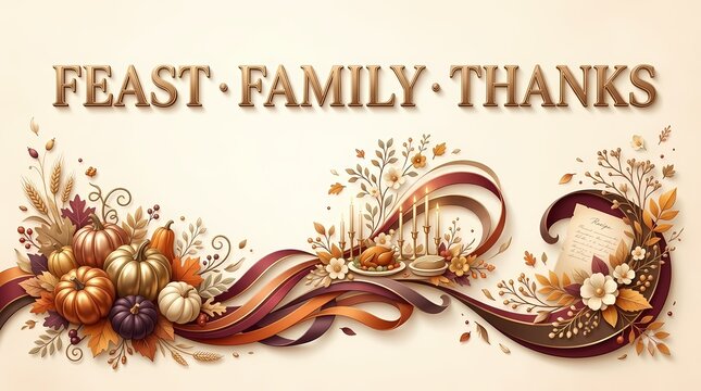 Thanksgiving Feast Family Banner. Autumn Harvest Cornucopia and Floral Decoration. Festive Holiday Greeting. Elegant Vintage Illustration