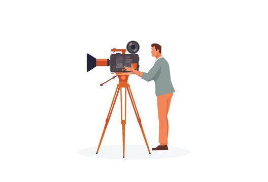 Filmmaker operating a vintage movie camera on a tripod vector illustration