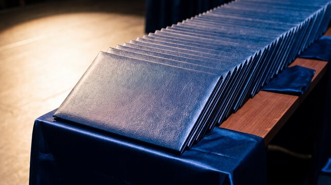 Graduation diplomas table ceremony certificates school education achievement organized blue. Multiple blue diploma cases are arranged in neat rows on a ceremonial table for graduation campaigns