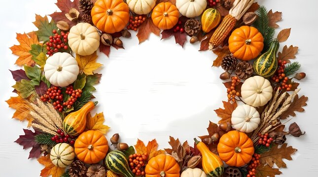 Thanksgiving Floral Wreath. Pumpkins Leaves And Autumn Harvest Decor. Seasonal Holiday Frame. Rustic Botanical Illustration