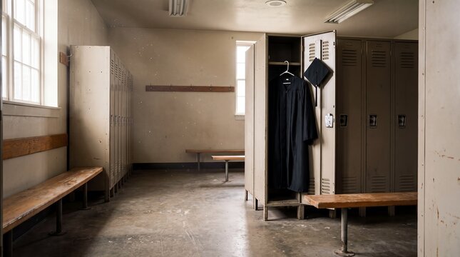 Graduation gown locker school empty uniform education ceremony farewell interior. Black graduation gown and cap hang inside an open school locker room for school marketing graduation event