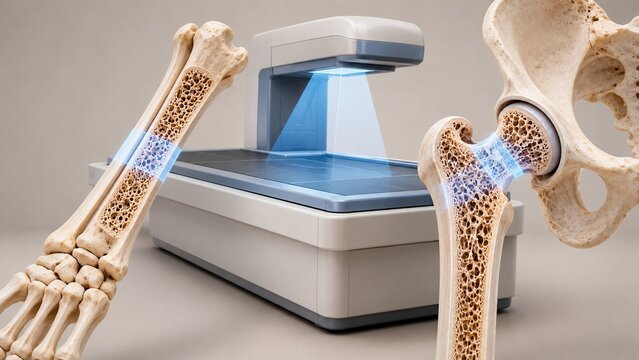 AI generated bone density scanner with osteoporosis anatomical models showing medical DEXA scan technology