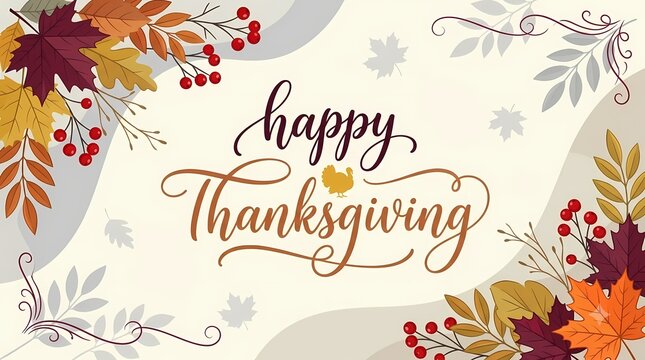 Happy Thanksgiving. Autumn Leaves And Botanical Floral Border. Seasonal Holiday Greeting Card. Elegant Hand Lettering Illustration