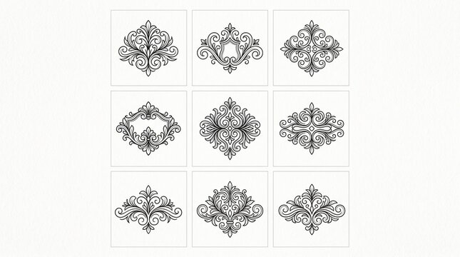 A grid of nine square decorative line icons featuring symmetrical flourishes, scrolls, leaves, and curved ornamental patterns, resembling vintage embellishments for graphic design, invitations, or typ