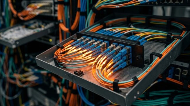 A close up of a server rack containing numerous colorful cables and a patch panel where fiber optic connections are glowing brightly in a modern data center, underscoring the network cables