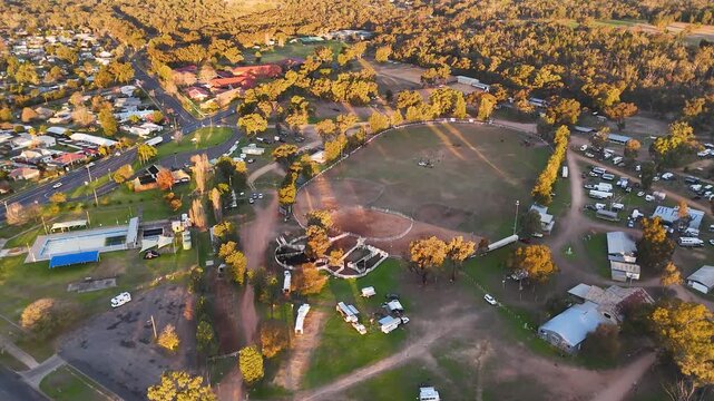 Aerial View of Rural Australian Town and Showground at Sunset
