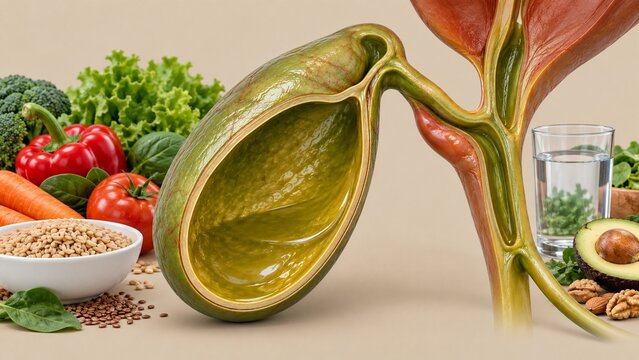 AI generated gallbladder health concept with anatomical cross section and nutritious diet for digestive wellness