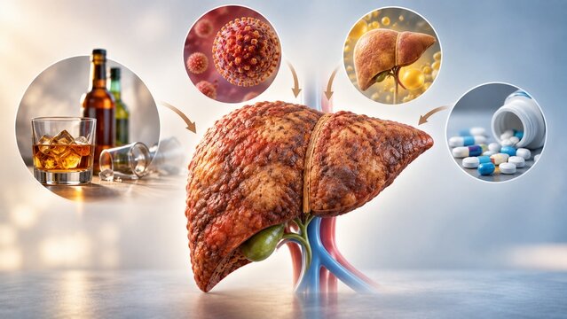 AI generated medical illustration of liver cirrhosis causes including alcohol virus fatty liver and medication damage