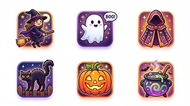 A collection of six colorful Halloween-themed icons arranged in two rows, including a witch in black and purple, a ghost, cloaks with purple and orange details, a black cat with arched back, and a car