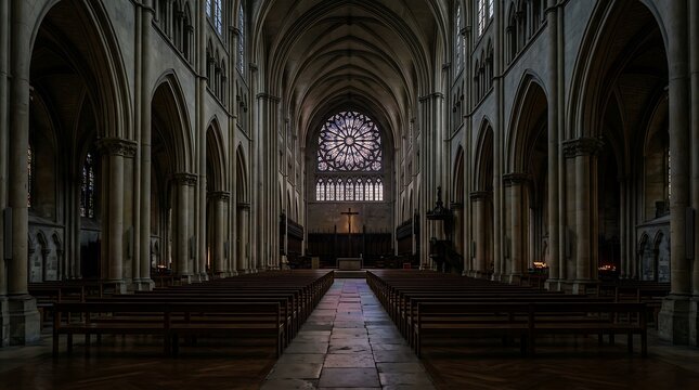 Cathedral Interior Featuring Gothic Rose Window