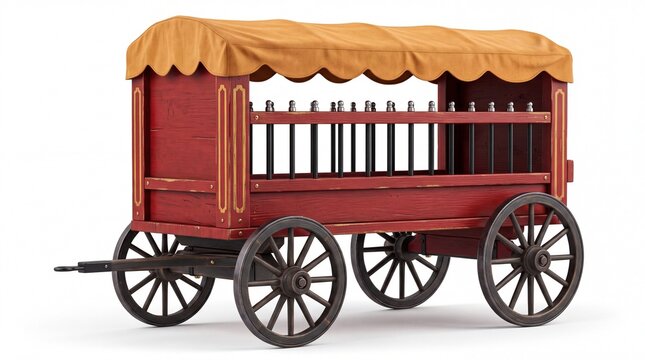 Vintage circus red wooden animal cage wagon with canopy top standing isolated on white background