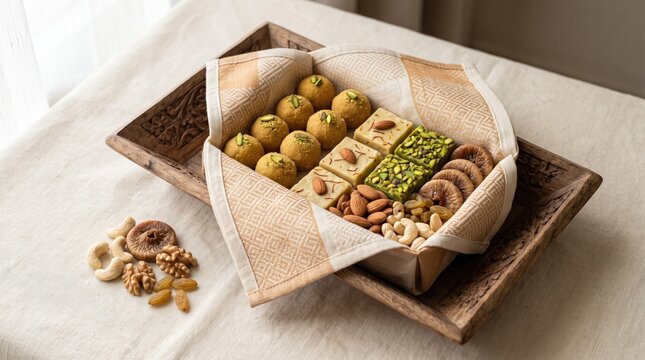 Assorted indian traditional sweets with dry fruits in a wooden tray on a table