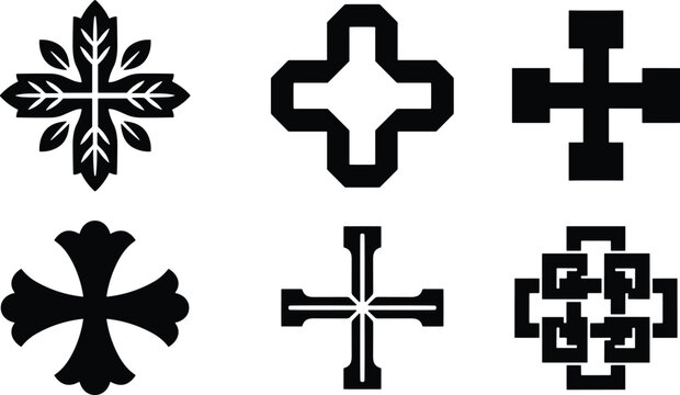 Heraldic Christian Crosses and Decorative Religious Emblems Black Silhouette Icon Vector Collection