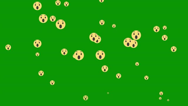 Facebook style reaction icons animation, thumbs up, heart, wow and care emojis rising and disappearing on green screen, ideal chroma key footage for live streaming platforms, 4K resolution