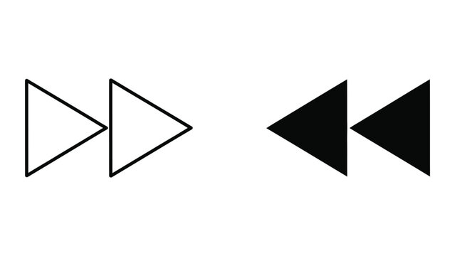 Fast forward and rewind player icon set in line art and solid black with navigation