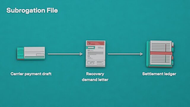 The carrier pays the claim, the insured assigns recovery rights, and the subrogation file proceeds to a reimbursement demand and settlement accounting. Flat 3D style; objects labelled in English.