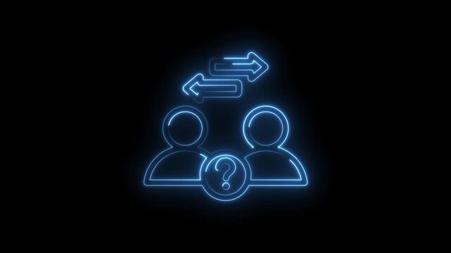 Neon blue outline of two people icons with a question mark between them and bidirectional arrows