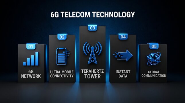 Modern infographic titled 6G Telecom Technology featuring panels for network, ultra‑mobile connectivity, terahertz tower, instant data, and global communication