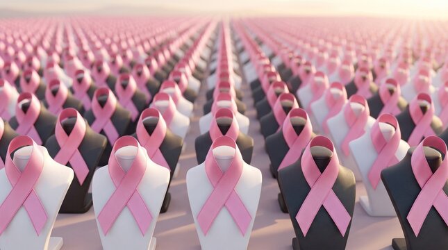 Endless rows of pink ribbons on black and white display busts, breast cancer awareness month campaign and medical healthcare charity support concept.