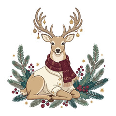 Fototapeta premium Christmas deer mascot wearing a cozy winter sweater and scarf surrounded by pine foliage