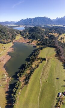 Aerial view, Geroldsee and Barmsee near Kr&uuml;n, Werdenfelser Land, Karwendel Mountains, Upper Bavaria, Bavaria, Germany