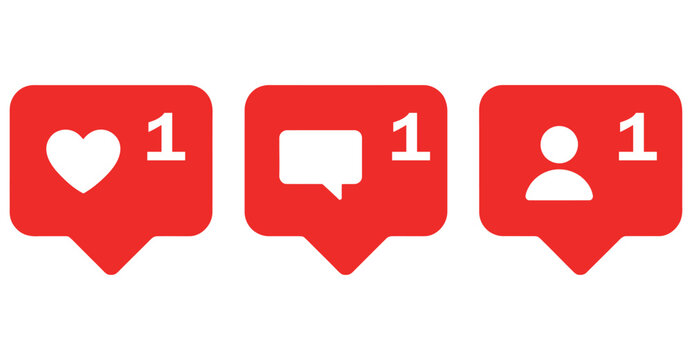 Social media notification icons with red background for likes, comments, and new followers.