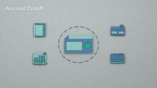 Accrual cutoff highlights the reversing entry as an invoice expense is accrued before the accounting period closes. Flat 3D style; an English title card.