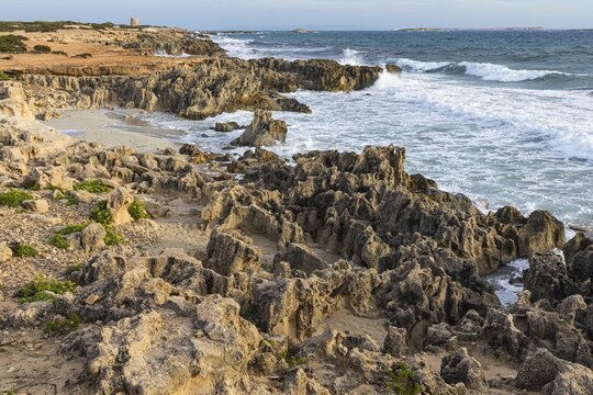 Eroded rocks on the beach of Salines, Ibiza, Balearic Islands, Mediterranean Sea, Spain