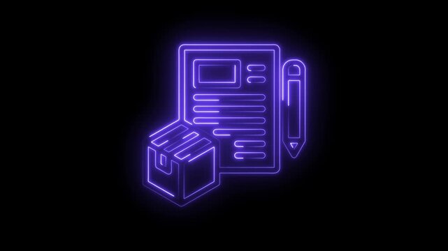 Neon glowing package delivery contract document and pencil icon animation on black background